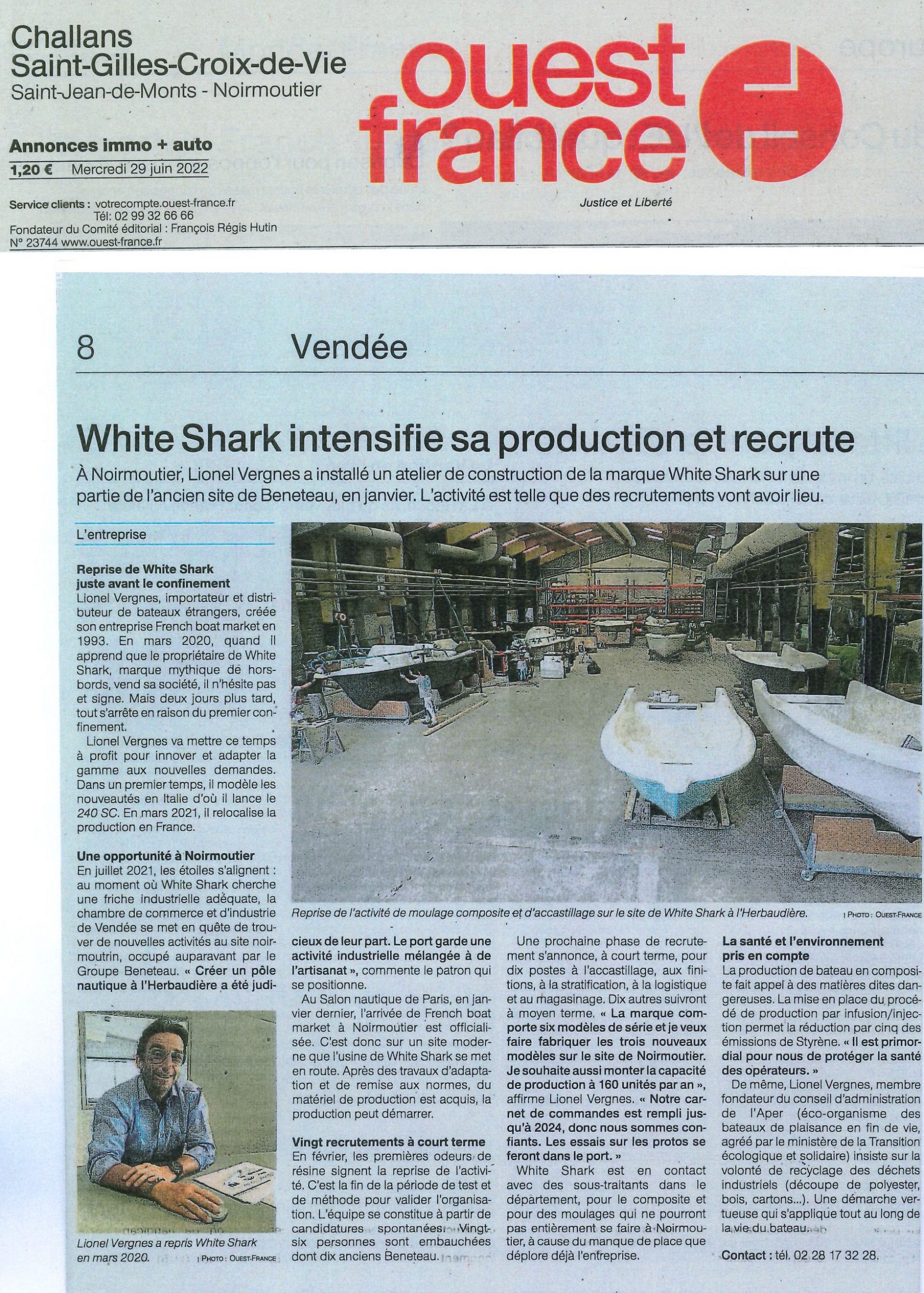 White Shark intensifie sa production et recrute - Article Ouest France du 29 juin 2022